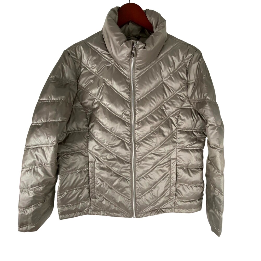 Kenneth Cole Reaction Puffer Jacket Womens Large Grayish-Brown Pockets Full Zip